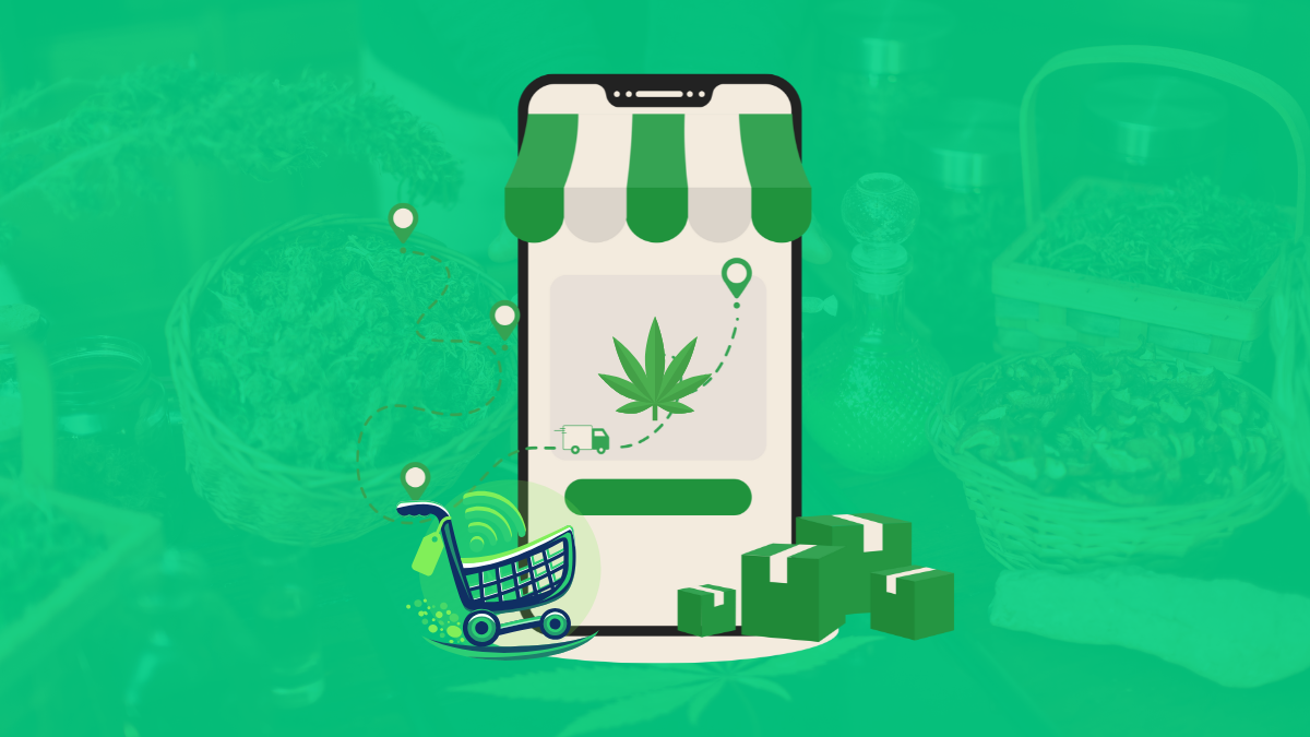 Cannabis e-commerce app concept with shopping cart and delivery icons, featuring an online store for cannabis supplies
